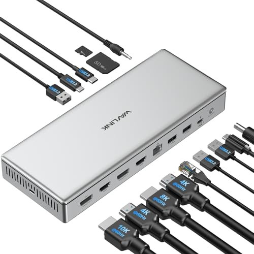 WAVLINK Global First DL7400 - Docking station USB C DisplayLink Premium, 2xHDMI e 2xDisplayPort, singola 10K a 60Hz, Dual 8K a 60Hz, Quad 4K per M1/M2/M3 Mac e Windows, ricarica da 100 W, LAN 2,5 G