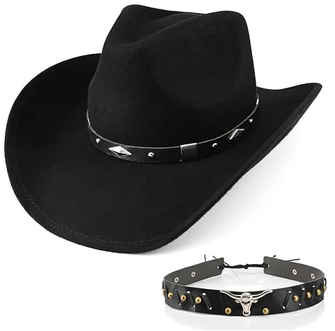 100% Wolle Herren Damen Western Cowboyhut Klassisch Schwarz Cowgirls Hüte Fedora Hut Filz mit Zwei Zierbändern, Schwarz A, M-XL
