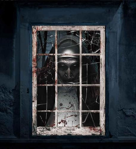 Hoclauho Halloween Fensterdeko, Gruselige Fensterbilder für die Haustür, Horror Dekoration für Garten und Halloween-Feiern Spukhaus Deko Fensterdeko (B, 80 * 120)