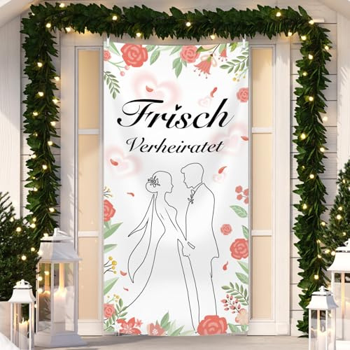 MEHOFOND 90X180cm Hochzeits Dekoration Frisch Verheiratet Tür Dekoration Banner Hochzeit Tür Wand Blumen Blatt Dekoration Braut und Bräutigam Hochzeit Hintergrund Garten Dekoration Banner