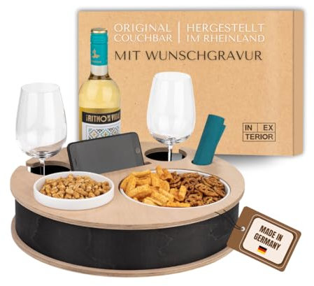 RundumBar - INEXTERIOR CouchBar – Weinbar - handgefertigt in Deutschland - Zwei Snackschalen, Organizer und Flaschenhalter - Couchbutler couchorganizer Sofaablage Tablett (Schwarz Personalisiert)