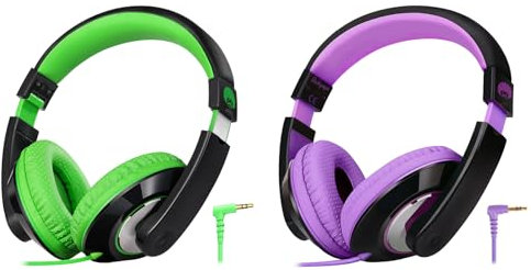 Rockpapa Comfort Kids Headphones for School, Lightweight Childrens Boys Girls Teens Over-Ear Headphones Wired 3.5mm for CD DVD Player Tablet Phone Travel Black/Green+Black/Purple
