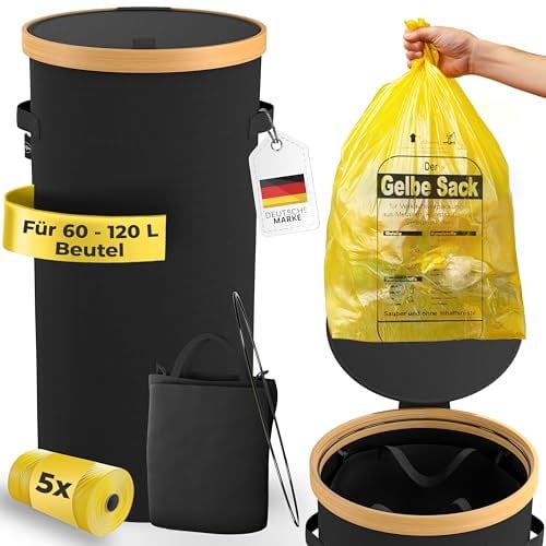 Gelber Sack Ständer mit Tragetasche & gelbe Säcke - Stabiler Müllsackständer, Mülleimer mit Deckel geruchsdicht, Müllbeutel Halter, Müll Tonne, Müllbehälter, Mülltrennsystem Küche - rund schwarz 60L