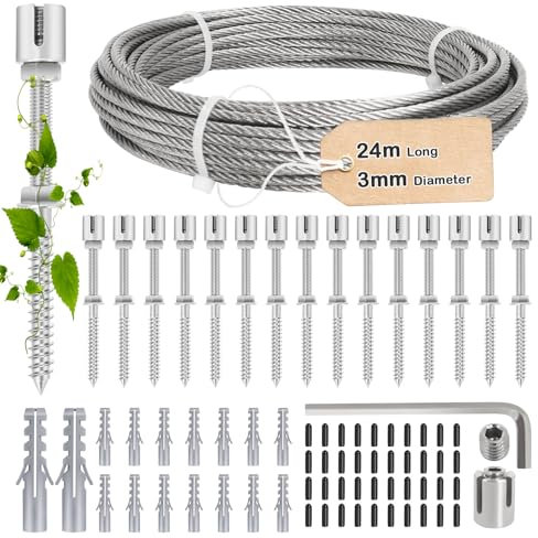 Rankhilfe Metall für Kletterpflanzen, 24m Rankhilfe Edelstahl (3mm Stahlseil) und 16 Halter für Kletterpflanzen wie Rosen Weinreben und Tomaten, Kletterhilfe Pflanzen Set von Gekufa