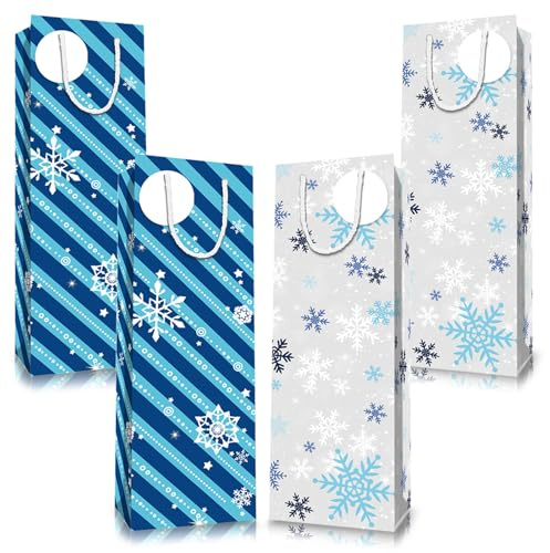 Christmas Bottle Bags Wine Carry Bag,4pack Winter Snowflake Gift Bags for Wine,Wine Bottle Gift Bag Multipack Kraft Paper WineBags with Rope Handles,Xmas BottleBags for Wines,Whiskey,Spirits,Champagne