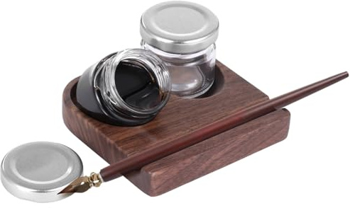 SWEWARM Walnut Calligraphy Pen & Ink Set Holder – Dual-Slot Tilting/Horizontal Stand with 10cm Base & Anti-Spill Glass Bottle for Dip Nibs