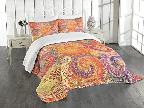 ABAKUHAUS Grunge Tagesdecke Set, Grunge Sun Boho Abbildung, Set mit Kissenbezügen Maschienenwaschbar, für Doppelbetten 264 x 220 cm, Orange Rot