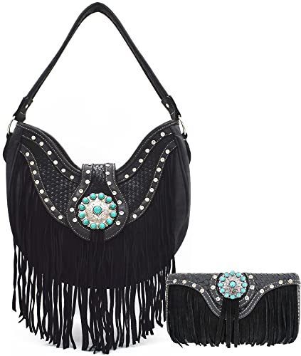 Western-Stil Fransen Conchos Edelstein Strass Nieten gewebtes Leder Geldbörse Landhandtasche Damen Schultertasche Geldbörse Set, Schwarz, Large