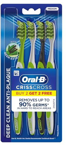 Oral-B Crisscross Deep Clean - Spazzolino da denti con setole medie per adulti, con estratto di neem, pulisci lingua, set di spazzolini multicolore, marca raccomandata dai dentisti Oral B