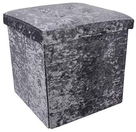 DANIEL JAMES Housewares Crushed Velvet Ottoman Foot Stool Storage Box Furniture Seat Rest Cube Foldable (Grey)