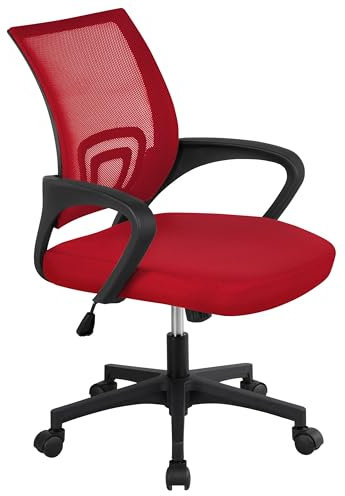 Yaheetech Chaise de Bureau à roulettes en Maille Fauteuil Ordinateur Inclinable Pivotant Siège et Base Plus Larges Hauteur Réglable avec Accoudoirs Rouge
