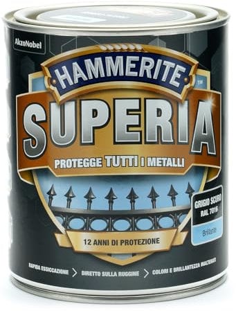 Hammerite Superia smalto metallo antiruggine interno e esterno, Brillante Grigio Scuro, 750 ml