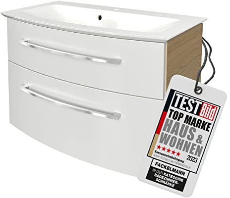 FACKELMANN B.Style Badmöbel Set 2 Teile/Gussmarmor Waschbecken/Waschbeckenunterschrank mit 2 Schubladen und Soft-Close/hochwertige Möbel fürs Bad/Korpus & Front: Braun hell/Breite: 83 cm