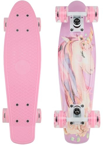 Arrow Board - 22 und 27 Zoll Skateboard, KMX Mini Cruiser Skateboard für Kinder, Jugendliche und Mädchen, Retro Stil Penny Board. LED Leuchtrollen(22 Zoll Pink Rosa Einhorn)