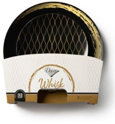 Decor Decorline - Set di stoviglie riutilizzabili da 32 pezzi/per 16 persone - Collezione Whisk - Nero/Oro - Piatti da dessert per piatti e antipasti - 2 misure (16 x 26 cm e 16 x 19 cm)
