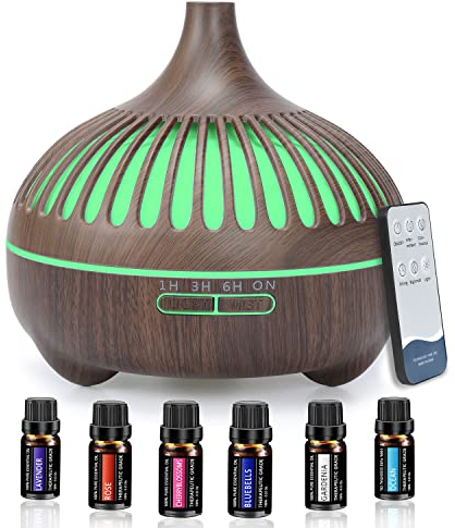 Oliudiff 550ML Essential Oil Diffuser, Aroma Diffuser with 6 Essential Oil Set, Aromatherapy Diffusers Humidifier with remote, 7 LED Lights & 4 Timer Settings for Home, Bedroom, Office, Yoga