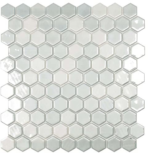 River Hexagon Bathroom Kitchen Splashback Gloss White Mosaic Tile - 307x317mm