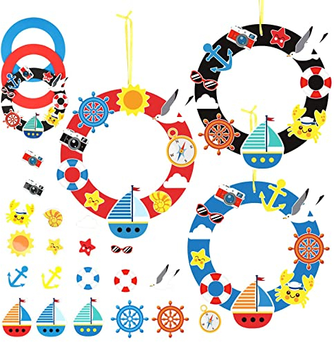 LAMEK 6 Sets Maritim Kränze Bastelset Meer Basteln Kinder Kreative Kunsthandwerk DIY Bastelhandwerk Kreativsets mit Segelboot Anker Kompass Möwe Ozean Deko zum Aufhängen für Sommer Jungen Mädchen