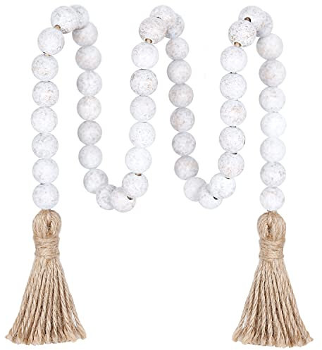 Meplait 39in Wood Bead Garland with Tassels, Farmhouse Rustic Decor Prayer Beads Boho Tassel Garland Wall Hanging Home Decor (Wash White)