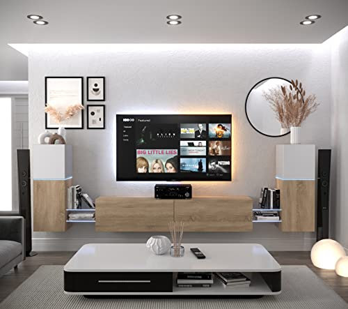 Furnitech Wohnwand Wohnzimmer | Wohnzimmer Möbel mit LED RGB - 16 Farben | Hängend Wohnwand Modern | Wohnzimmer Schrankwand mit Regale und TV Schrank (AN104-21WS-HGM8-1C)