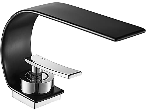 Sticque Wasserfall Wasserhahn Bad Waschtischarmatur Waschbecken Armatur Schwarz Moderner Stil Messing Einhebelmischer Mischbatterie Mit Kaltes Und Heißes Wasser Vorhanden