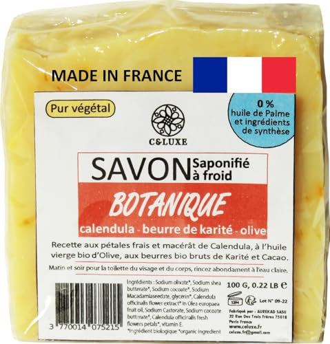 Calendula Seife, kalt verseift, frische Blütenblätter und Calendula-Öl, Bio-Shea, Bio-Olivenöl, Bio-Kokosöl, 100 % natürlich, handgefertigt, vegan, französisch, 100 g (1 Stück)