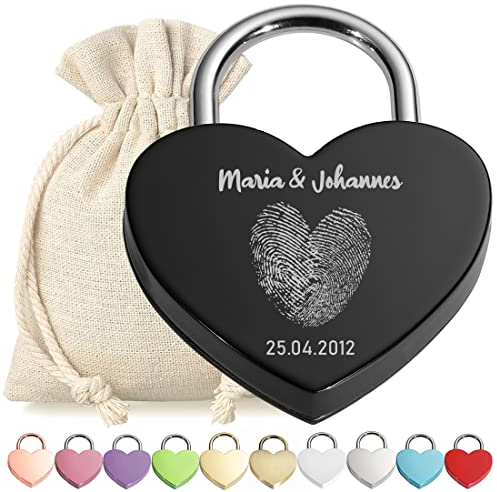 Liebesschloss Herz-Schloss Bügelschloss Schwarz Gravur - Motiv Herz Fingerabdruck - personalisiert - eloxiert - Stoff-Geschenkbeutel - Valentinstag, Jahrestag - Pärchen Geschenk - Present