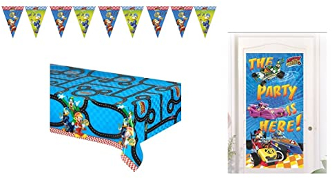 ALMACENESADAN 4684, Pack cumpleaños mickey y los superpilotos compuesto por mantel 120x180cm, lineal de 9 banderines y la fiesta es aquí de 150 x 75 cm (8435510346843)
