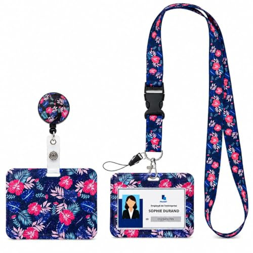 Porte badge personnalisé (fleurs) avec enrouleur rétractable, porte carte d'identification (travail, transport, infirmière, enfant, cantine) horizontal, et cordon tour de cou (Lanyard)