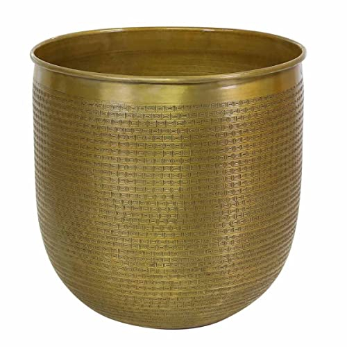 Blumentopf Pflanzengefäß Barcelona XL 41x43 cm in Antik-Gold Look rund Aluminium Hammerschlag handgefertigt Übertopf Boho Pflanzkübel Designer Blumen-Kübel ABK201