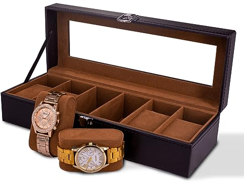 Guolich Boîte à montres avec couvercle en verre pour 6 montres - Étanche à la poussière - Fermeture en métal - Boîte de rangement pour montres - Cadeau d'anniversaire pour lui - Noir