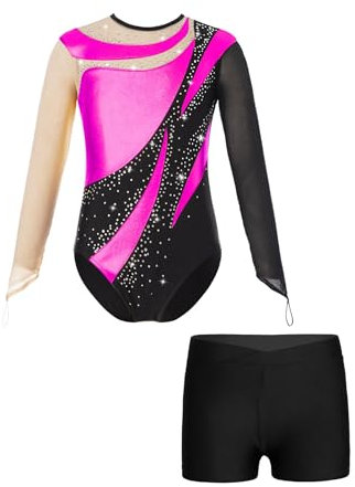 Hedmy Mädchen Turnanzug Langarm Glänzende Gymnastikanzug Tanzbody Sportlich Leotard Turntrikot mit Kurze Hose Tanzkostüm Hot Pink & Schwarz 134-140