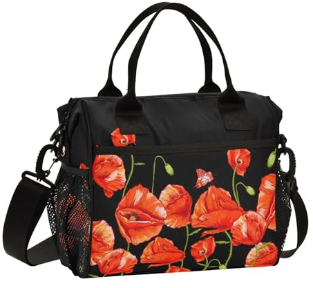 Mnsruu Lonchera aislada con diseño de amapola de maíz rojo, flor de verano, lonchera negra para mujer, bolsa térmica reutilizable con correa para el hombro, trabajo, escuela, picnic