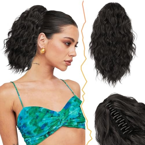 BARSDAR Claw Clip Lockig Schwarz Braun Pferdeschwanz Haarteil Synthetische | Claw Clip 30cm Multi-Layered Lockig Pferdeschwanz Haarteil, Natürliches Look Silky Fluffy Voluminös, Easy Wear,Tangle-Free