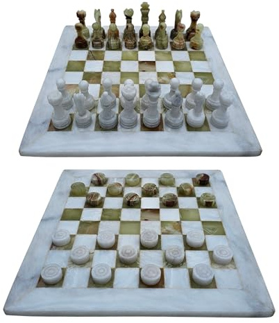 Combo Set Schachspiel Damespiel Brettspiel 12 Zoll/ 30 cm inkl. 32er Schachfiguren 24er Damesteine Farbe weiß-grau Marmor und grün Onyx