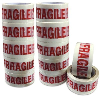 JeeJaan® Lot de 12 rouleaux de ruban adhésif fragile pour boîtes d'emballage 48 mm x 66 m