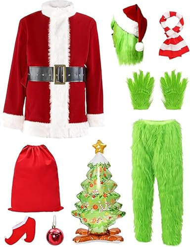 12-teilig Weihnachtskostüm, Grünes Monster-Kostüm für Erwachsene, Weihnachtsmann Kostüm Herren Cosplay kostüm mit Maske Mantel für Weihnachten, grün (L(165-170cm))