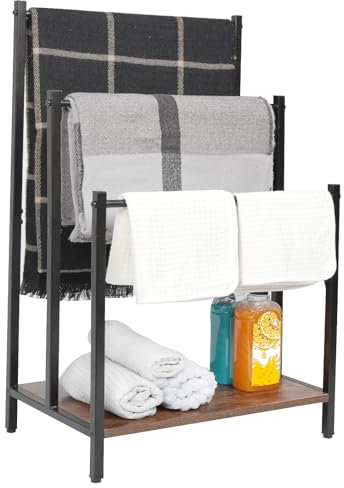 RANXFLOAT Freestanding Towel Rack, 3 Tier Metal Towel Rack, Blanket Ladder Holder with Wooden Shelf, Towel Drying and Display Rack for Living Room, Bathroom, Rustic Brown and Black