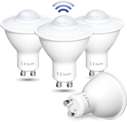 Lamptobe GU10 5W LED Motion Sensor Bulb, Cold White 6000K PIR Sensor LED Bulbs, Auto On/Off Motion Activated Security Light Bulb for Garage, Hallway, Patio, Balcony (4-Pack)