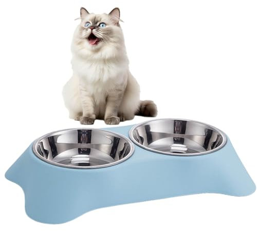 Dog Bowls Double Dog Water and Food Bowls Stainless Steel Bowls with Non-Slip Resin Station, Pet Feeder Bowls For Small Dogs and Cats (Blue)