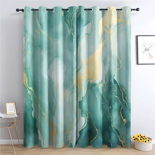Generisch Abstrakt Marmor Vorhang, Wohnzimmer Schlafzimmer Blickdichte Vorhänge, Grün Gold Luxus Gardinen, mit Ösen Verdunkelungsvorhang, Vorhänge 2er Set, 183x214 cm kvl&X-184