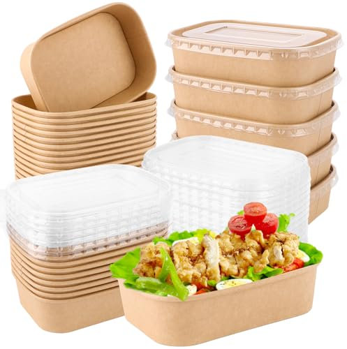 LDHHYH Lot de 50 bols en papier kraft - 500 ml - Boîte en papier kraft - 171 x 120 x 43 mm - Emballage alimentaire jetable avec couvercle - Boîtes à emporter marron - Bols réutilisables pour repas à