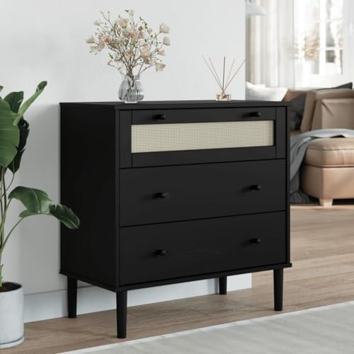 WKIEQACO Schränke & Aufbewahrung, Kommode, Schubladenschrank SENJA Rattan-Optik schwarz 80x40x80 cm Massivholz Kiefer