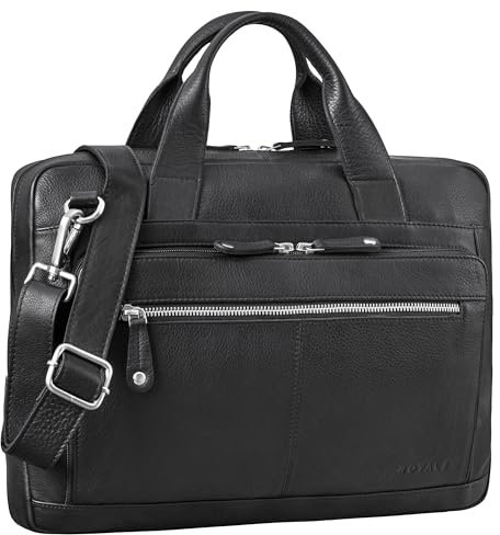 ROYALZ 'Houston' bolso bandolera de cuero plano hombres señoras - 14-15 pulgadas bolsa de ordenador portátil genuino maletín de negocios oficina ocio funda portatil, Color:Negro