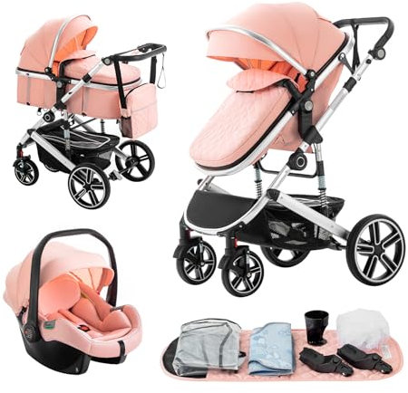 Gcarebb Poussette 3 en 1, Poussettes Citadines Avec Siège Auto, Poussette Canne Poignée Réglable en Hauteur, Poussettes Combinée Paysage Haut Cadre en Aluminium Convient Pour 0-4 Ans