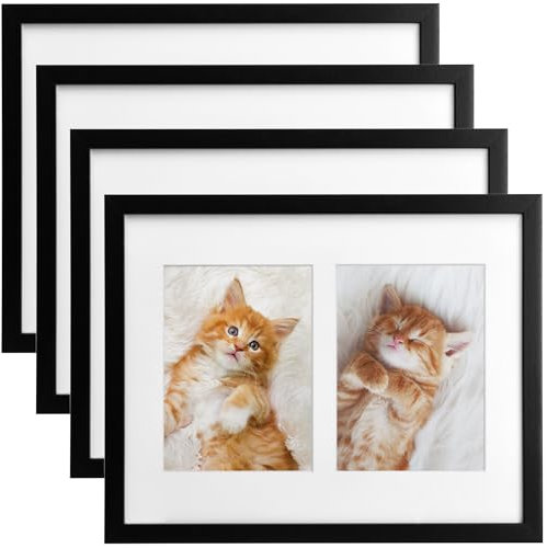 bomoe 4x Bilderrahmen Collage für 2 Fotos 9x13 cm – Fotorahmen Collage aus Holz, Kunststoffglas, Metall-Aufhängung & Passepartout Multirahmen für Bilderrahmen Set – Bilderrahmen 9x13 Schwarz Galeria