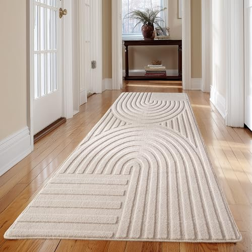 Carpetsale24 Boho Teppich Läufer 80 x 150 cm Creme, Waschbar & Pflegeleicht, Weicher Skandinavischer Deko Teppich mit 3D-Effekt, Ideal für Flur, Küche oder Schlafzimmer