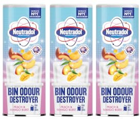Neutradol Dustbin Odour Destroyer, Bin Freshener Deodorising Powder, Odour Eliminator for Indoor & Outdoor Bins, Peach & Mango Burst, Multipack of 3 x 350g