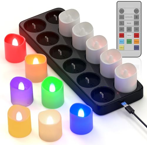PChero Lot de 12 bougies sans flamme avec minuterie à distance et station de charge, LED RVB rechargeables par USB, piles à changement de couleur, bougies votives pour Halloween, Noël, décoration de