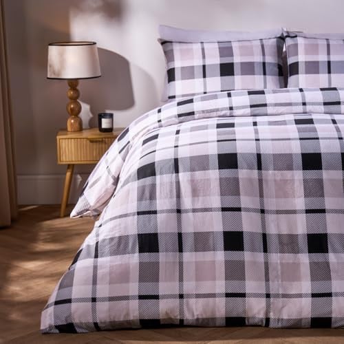 OHS Single Duvet Cover Set, Ultra Soft Cosy Warm 100% Brushed Cotton Duvet Set Classic Farmers Check Tartan Single Bedding with Matching Pillowcase, Monochrome